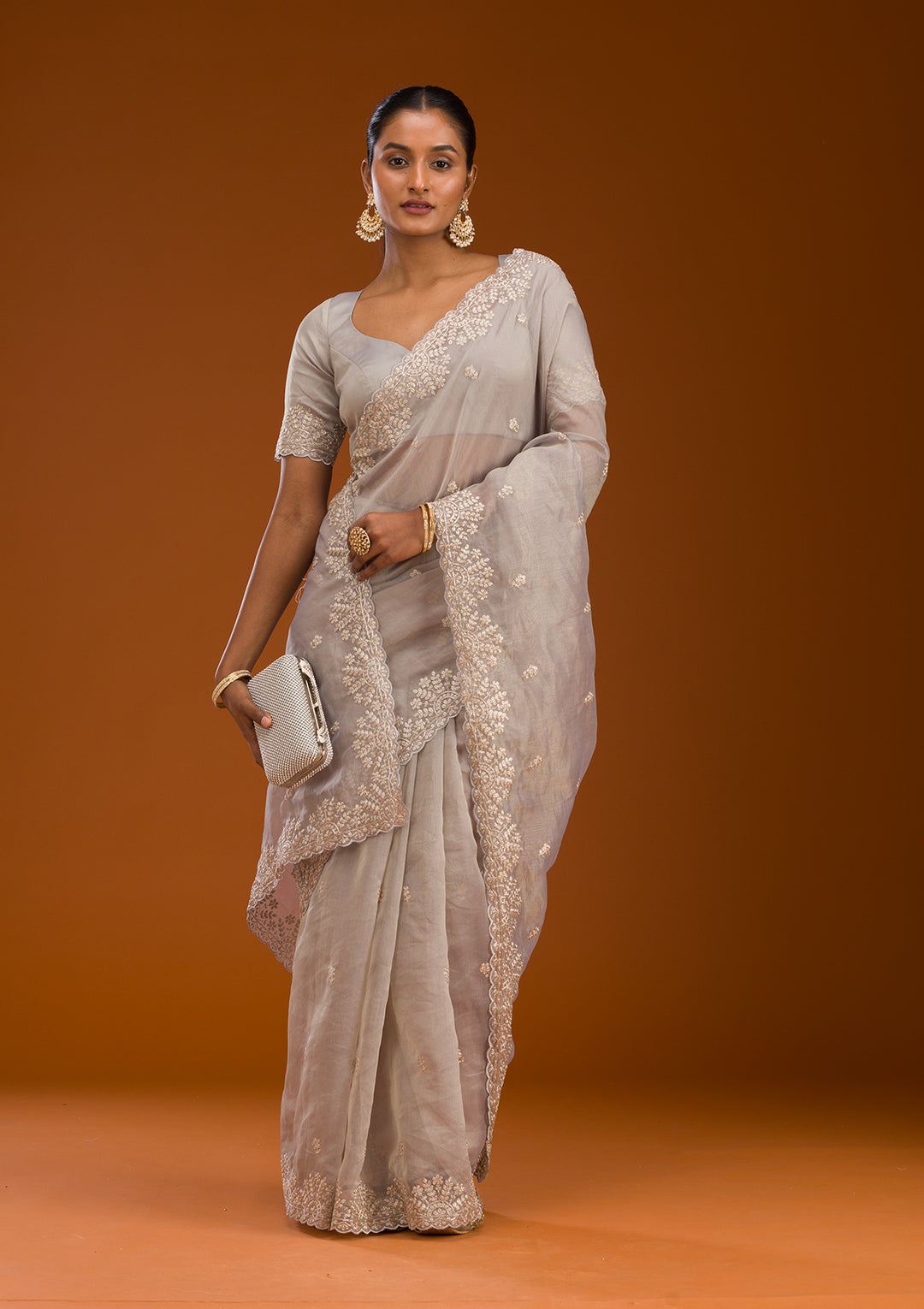 Grey Threadwork Tissue Saree