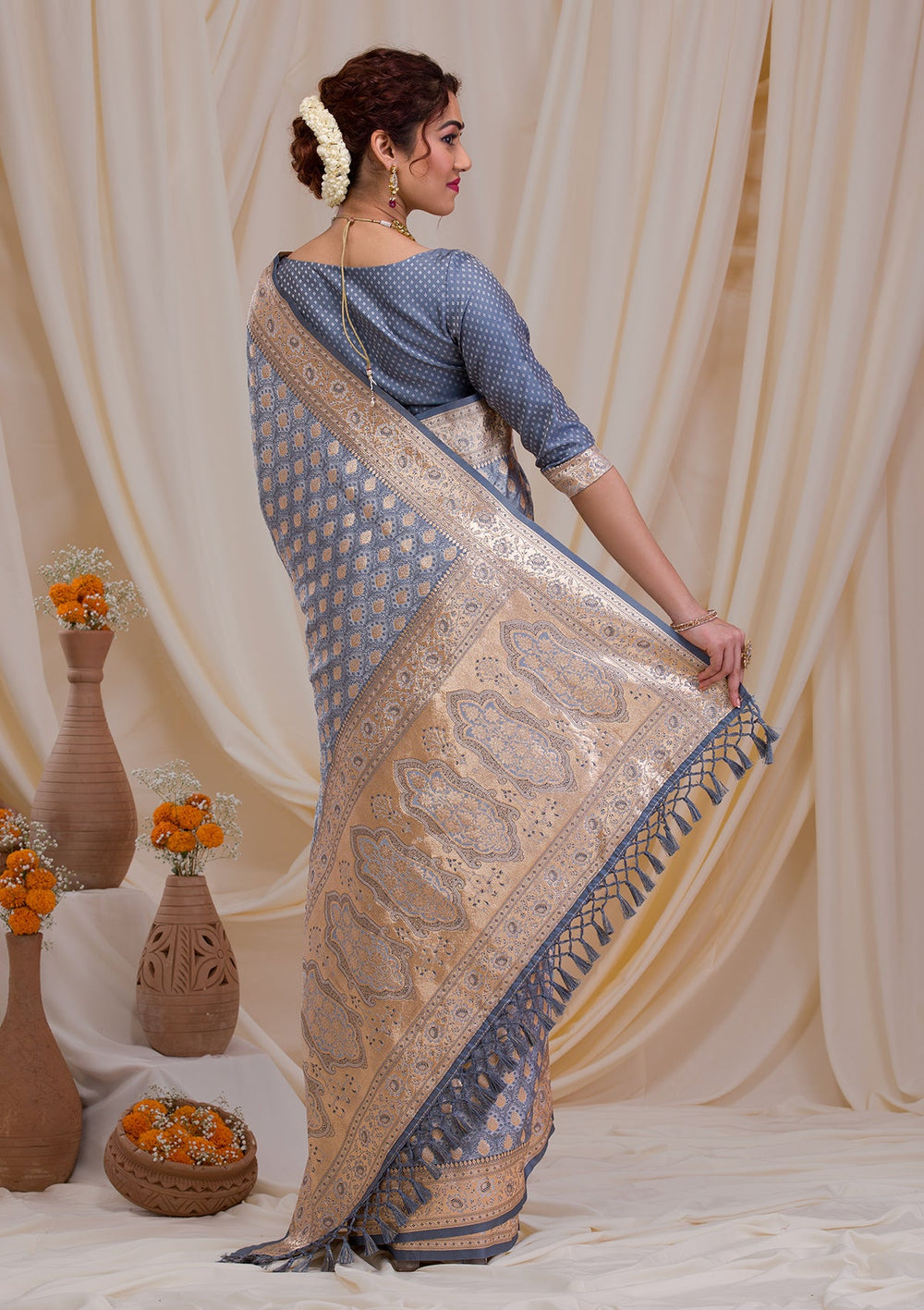 Grey Zariwork Art Silk Saree-Koskii