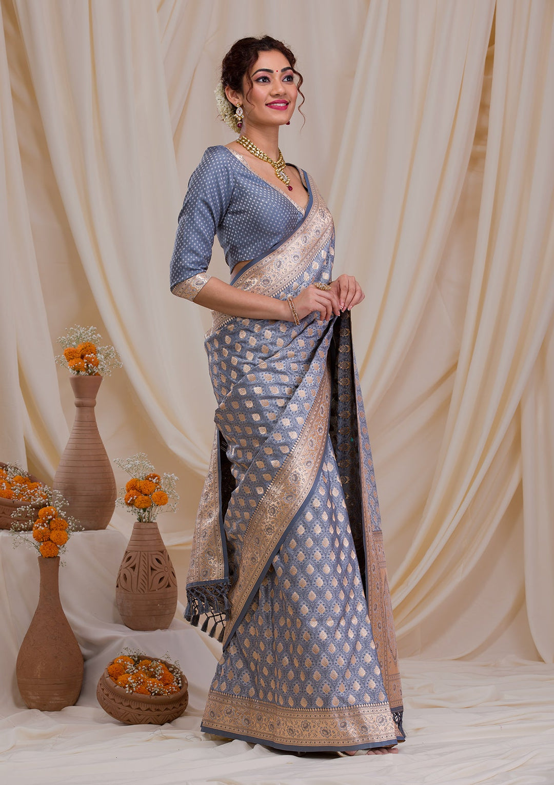 Grey Zariwork Art Silk Saree-Koskii