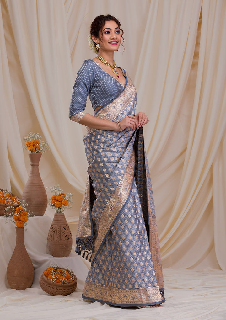 Grey Zariwork Art Silk Saree-Koskii