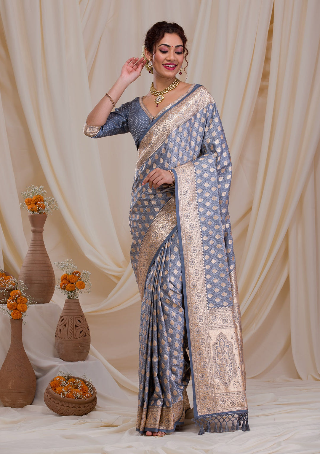 Grey Zariwork Art Silk Saree-Koskii