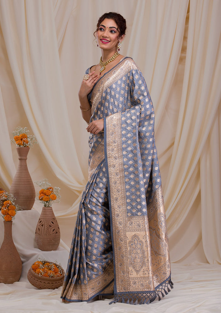 Grey Zariwork Art Silk Saree-Koskii