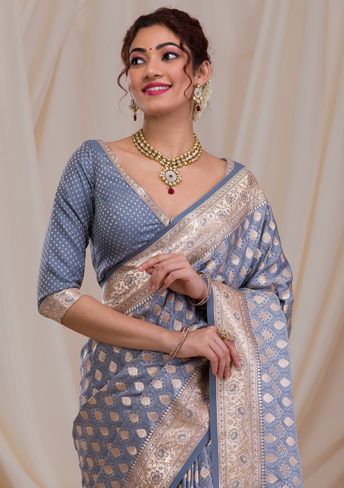 Buy Grey Zariwork Art Silk Saree - Koskii