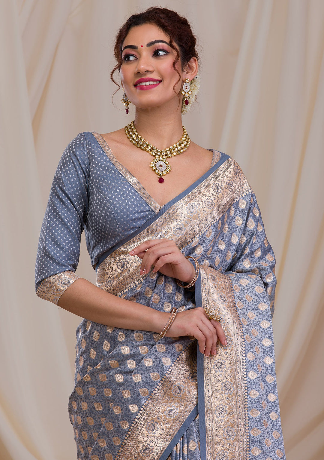 Grey Zariwork Art Silk Saree-Koskii