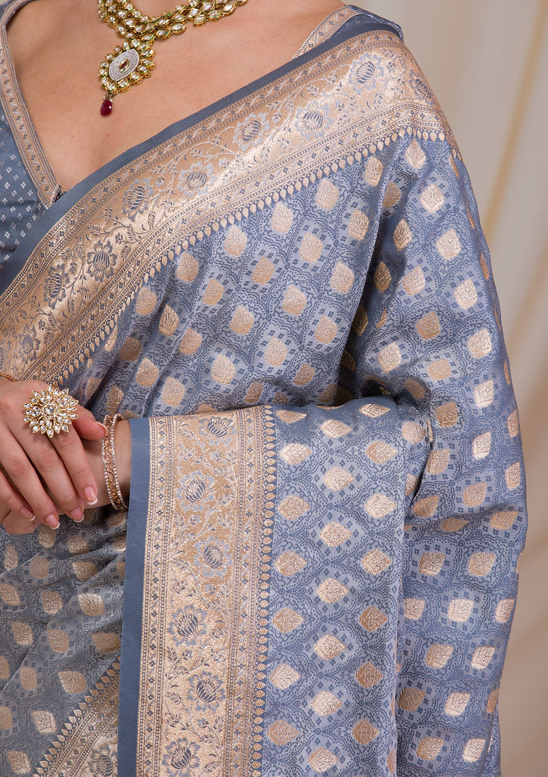 Grey Zariwork Art Silk Saree-Koskii