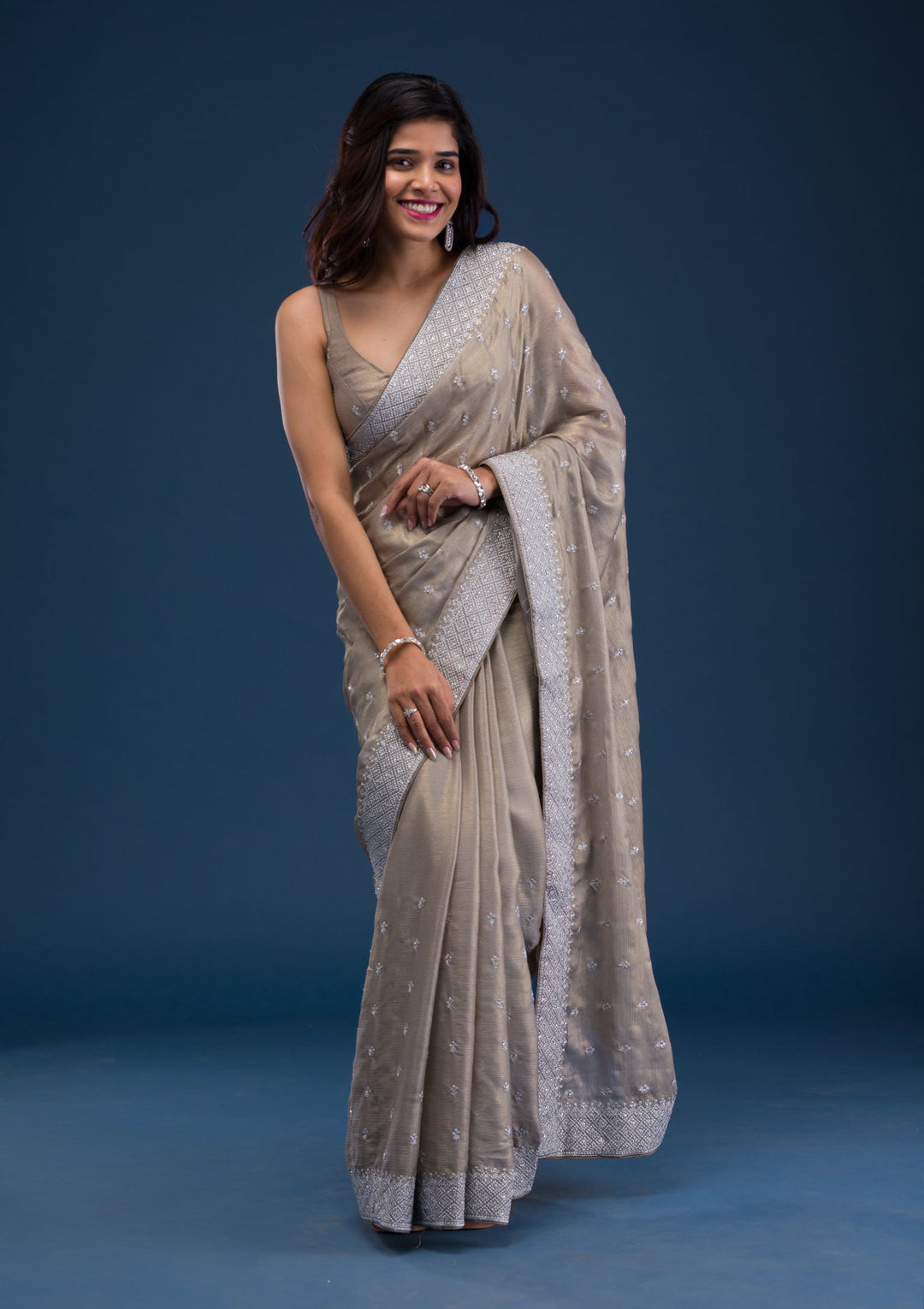 Grey Zariwork Chiffon Saree-Koskii
