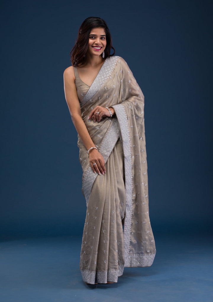 Grey Zariwork Chiffon Saree-Koskii