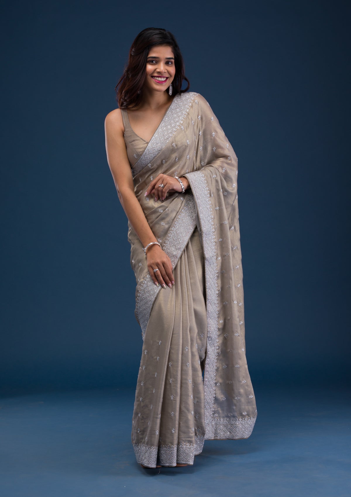 Grey Zariwork Chiffon Saree-Koskii