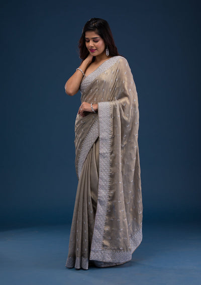 Grey Zariwork Chiffon Saree-Koskii