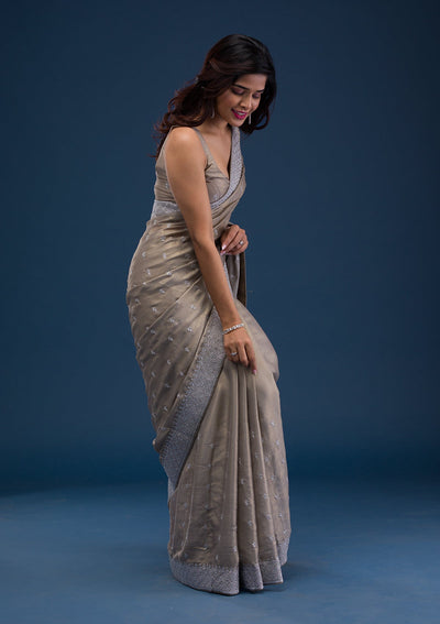 Grey Zariwork Chiffon Saree-Koskii