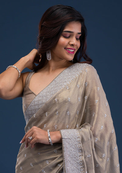 Grey Zariwork Chiffon Saree-Koskii