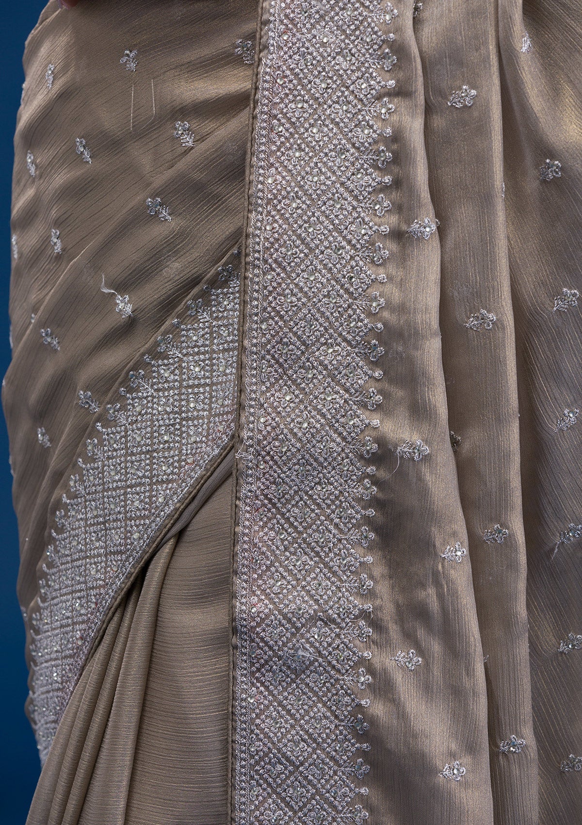 Grey Zariwork Chiffon Saree-Koskii