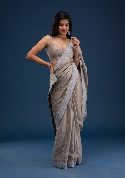 Grey Zariwork Chiffon Saree-Koskii