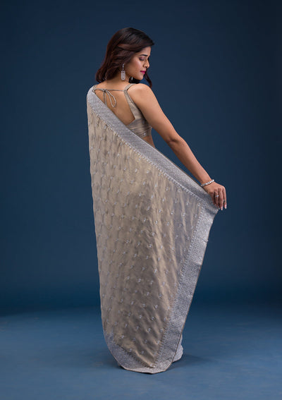 Grey Zariwork Chiffon Saree-Koskii