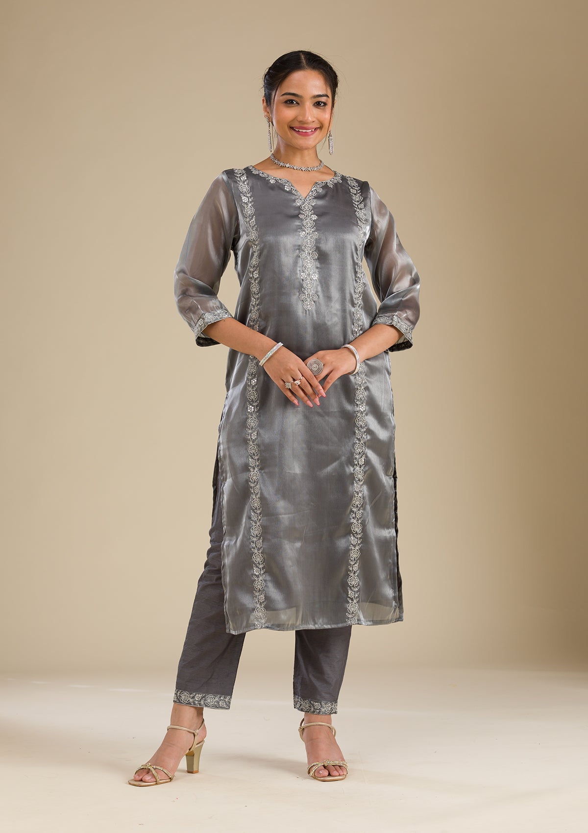 Grey Zariwork Crepe Readymade Salwar Suit-Koskii