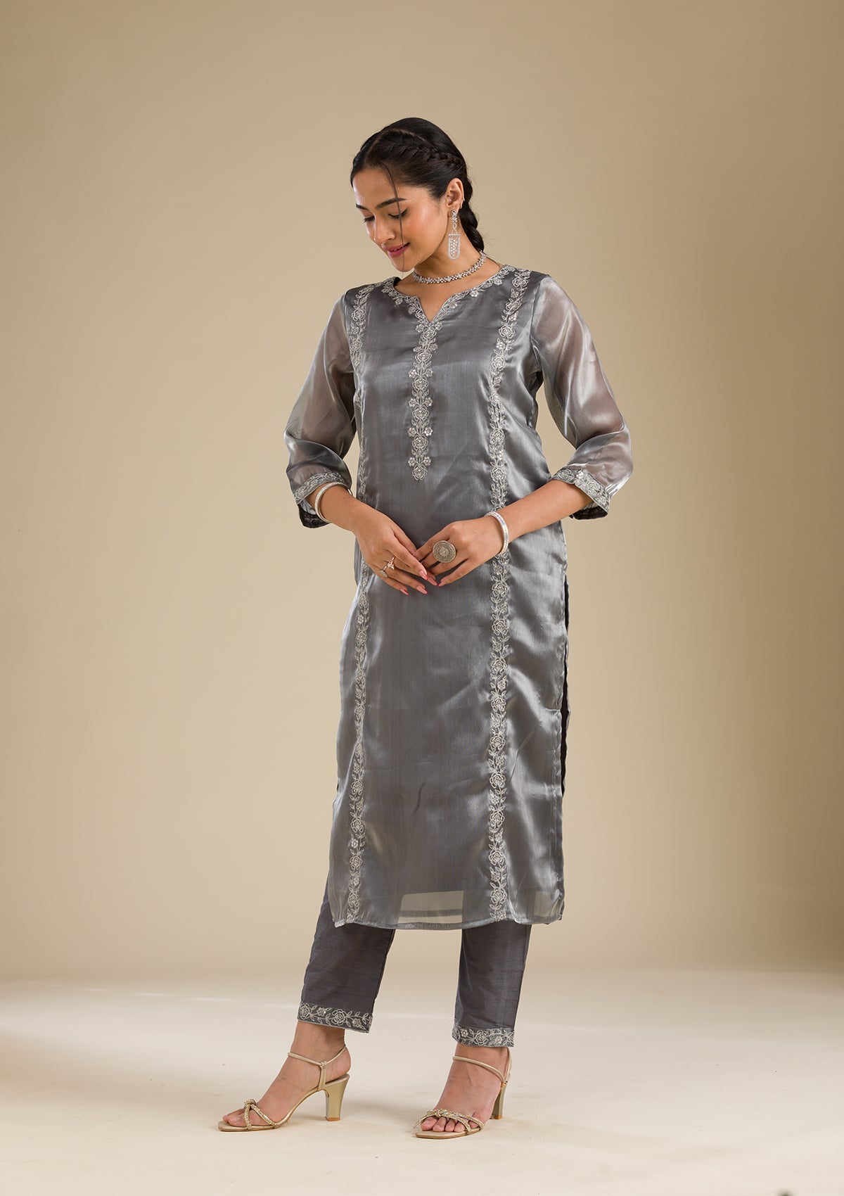 Grey Zariwork Crepe Readymade Salwar Suit-Koskii