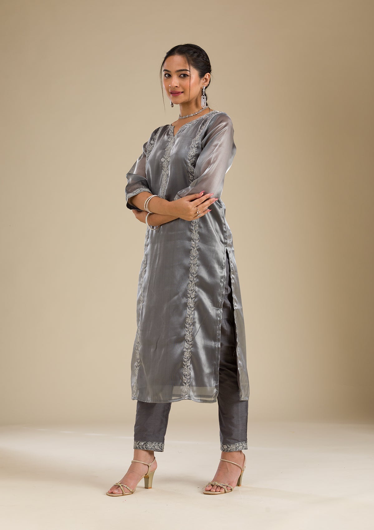 Grey Zariwork Crepe Readymade Salwar Suit-Koskii