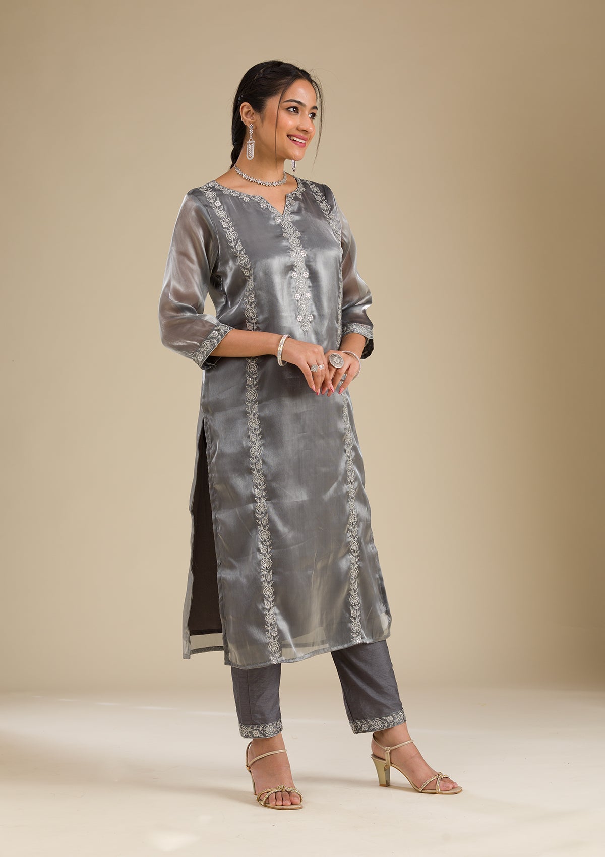 Grey Zariwork Crepe Readymade Salwar Suit-Koskii