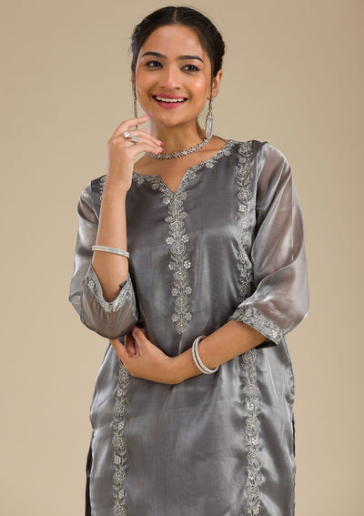 Grey Zariwork Crepe Readymade Salwar Suit-Koskii