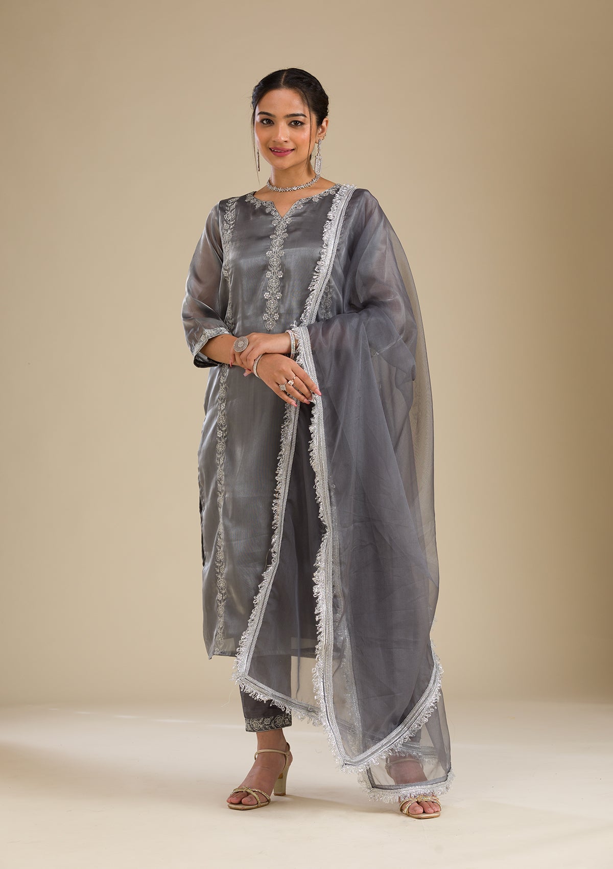 Grey Zariwork Crepe Readymade Salwar Suit-Koskii