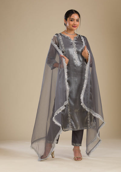 Grey Zariwork Crepe Readymade Salwar Suit-Koskii