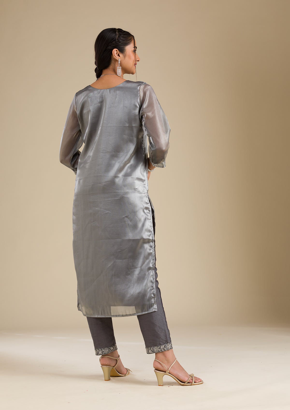 Grey Zariwork Crepe Readymade Salwar Suit-Koskii