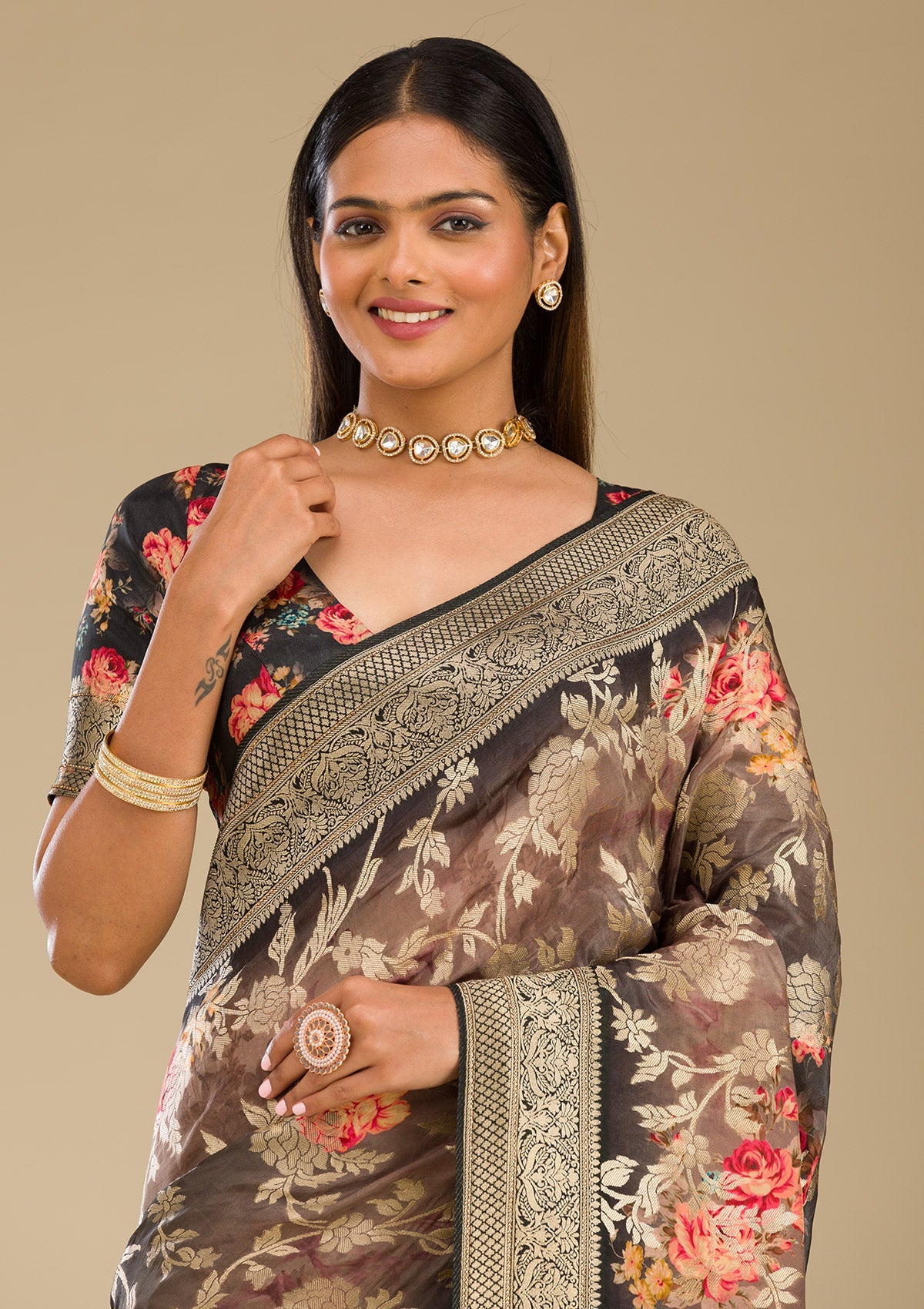 Grey Zariwork Georgette Saree-Koskii