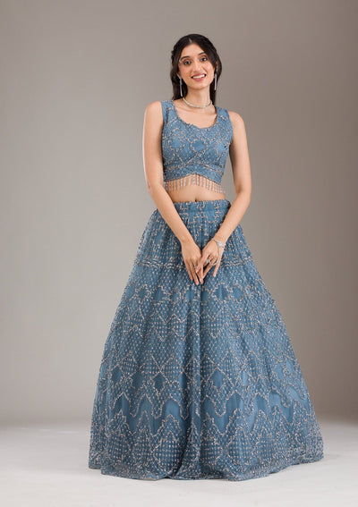 Grey Zariwork Net Readymade Lehenga-Koskii