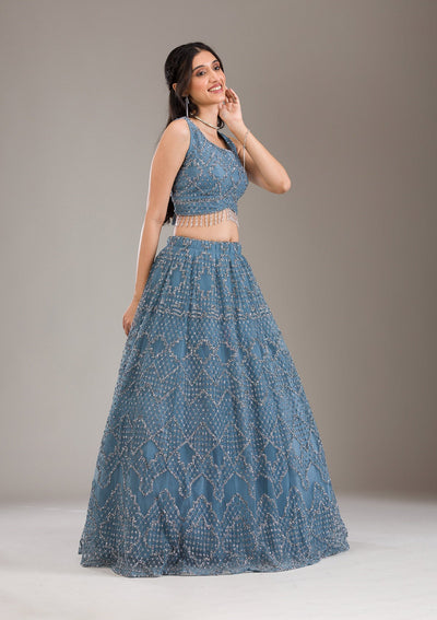 Grey Zariwork Net Readymade Lehenga-Koskii