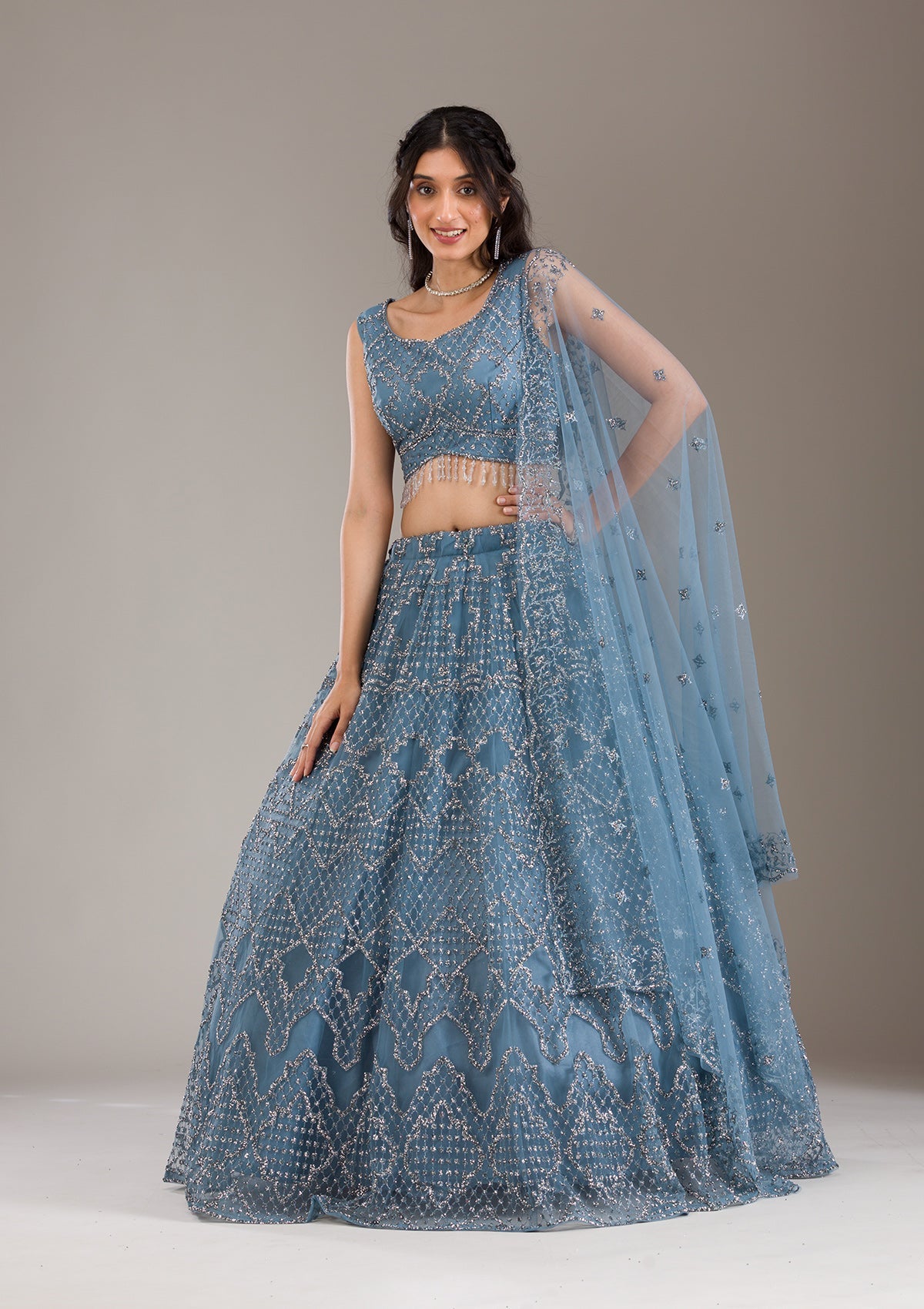 Grey Zariwork Net Readymade Lehenga-Koskii