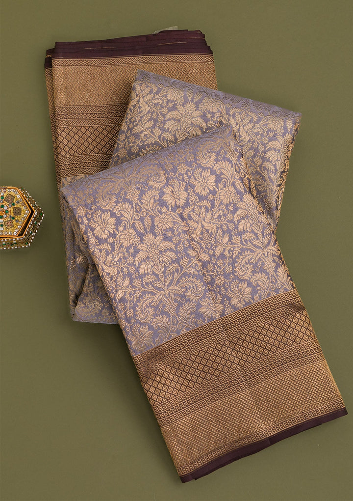 Grey Copper Zariwork Pure Silk Saree - Koskii