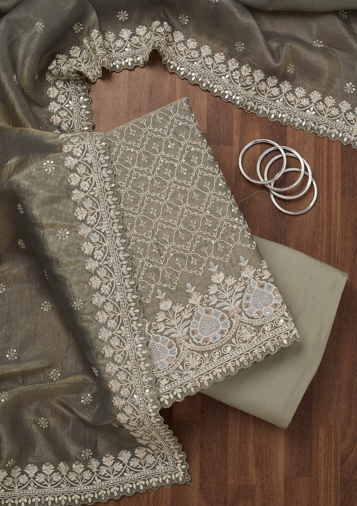 Grey Zariwork Semi Crepe Unstitched Salwar Suit-Koskii