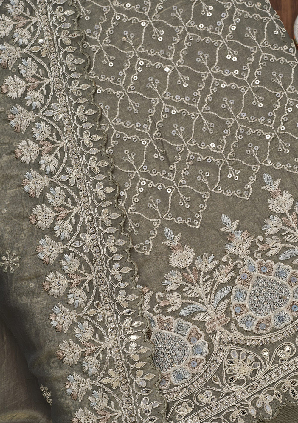 Grey Zariwork Semi Crepe Unstitched Salwar Suit-Koskii