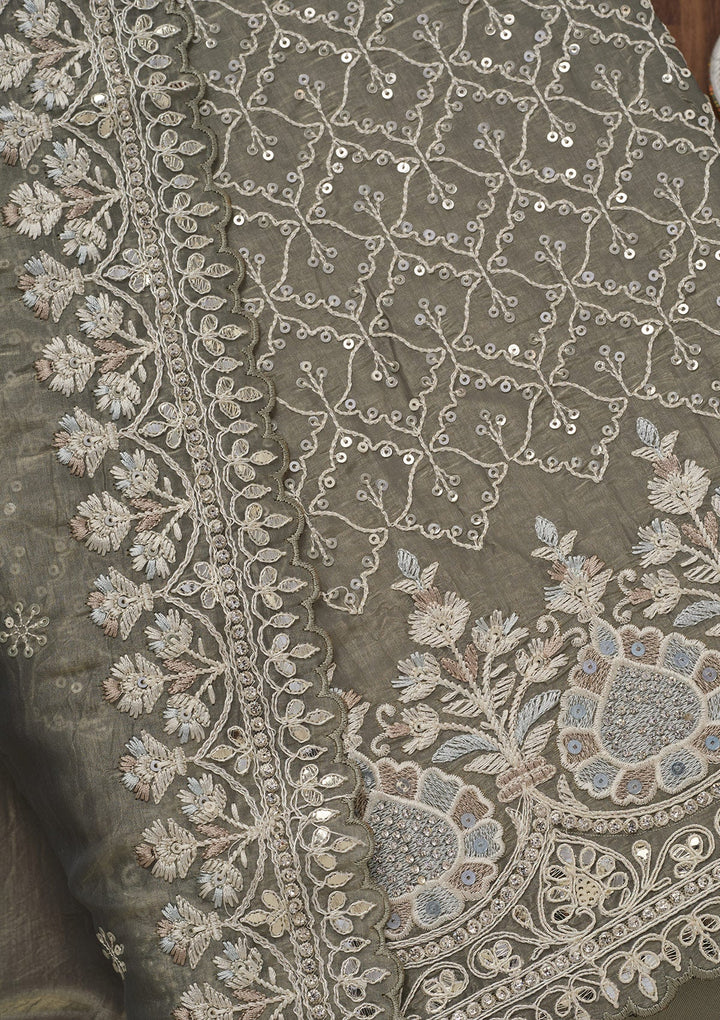 Grey Zariwork Semi Crepe Unstitched Salwar Suit-Koskii