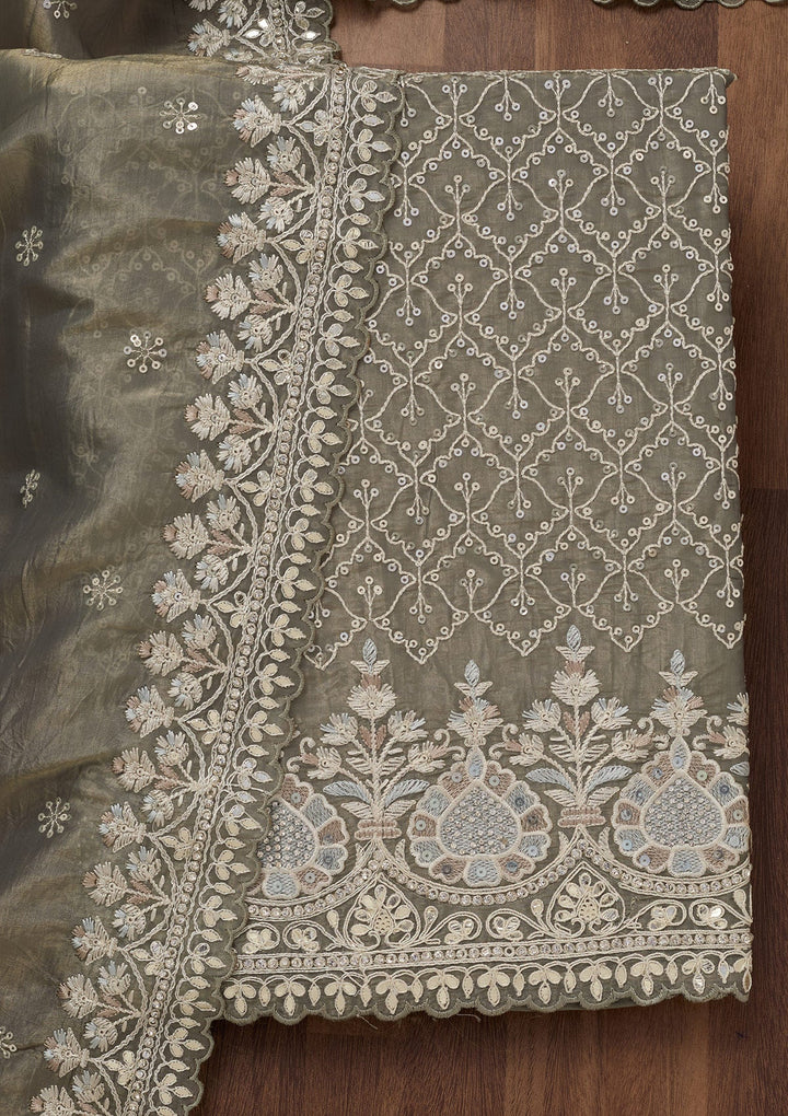 Grey Zariwork Semi Crepe Unstitched Salwar Suit-Koskii