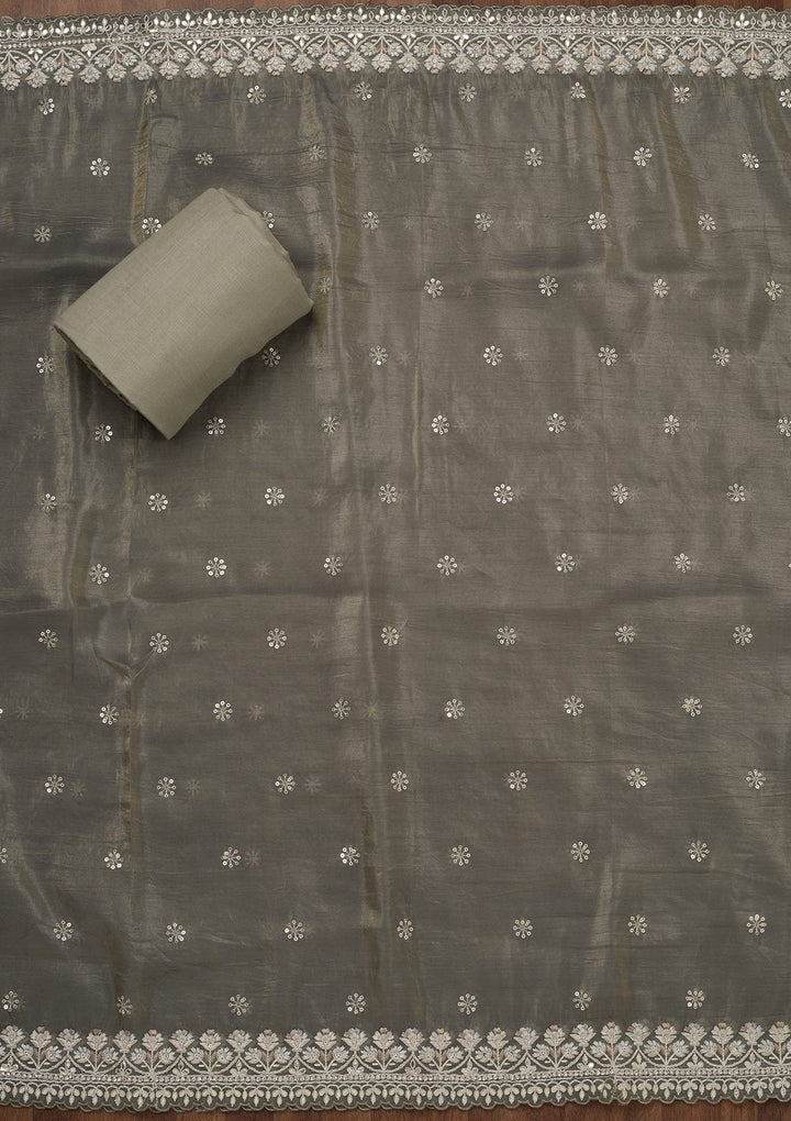 Grey Zariwork Semi Crepe Unstitched Salwar Suit-Koskii