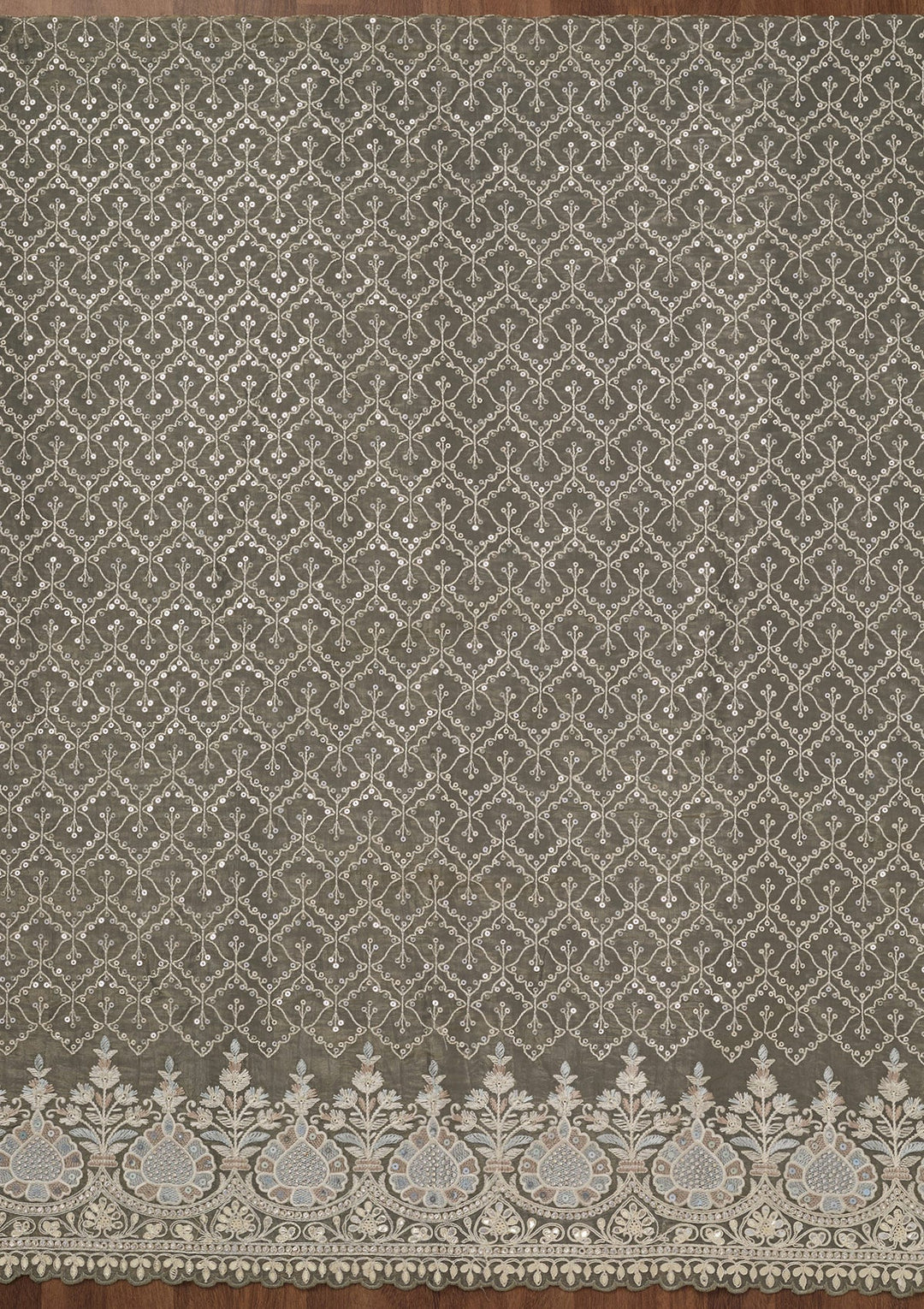 Grey Zariwork Semi Crepe Unstitched Salwar Suit-Koskii