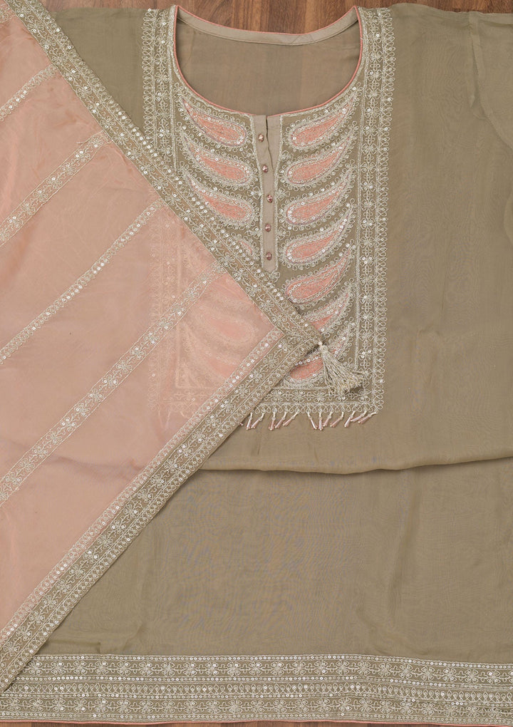 Grey Zariwork Semi Crepe Unstitched Salwar Suit-Koskii