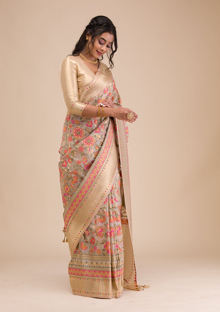Grey Zariwork Soft Silk Saree-Koskii