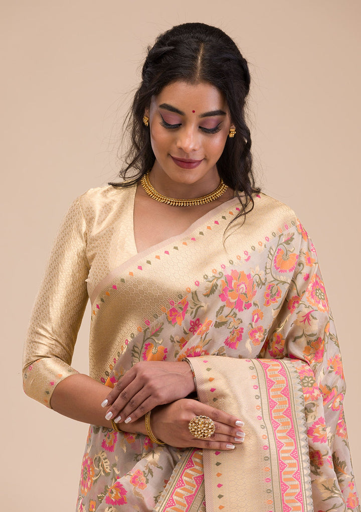 Grey Zariwork Soft Silk Saree-Koskii