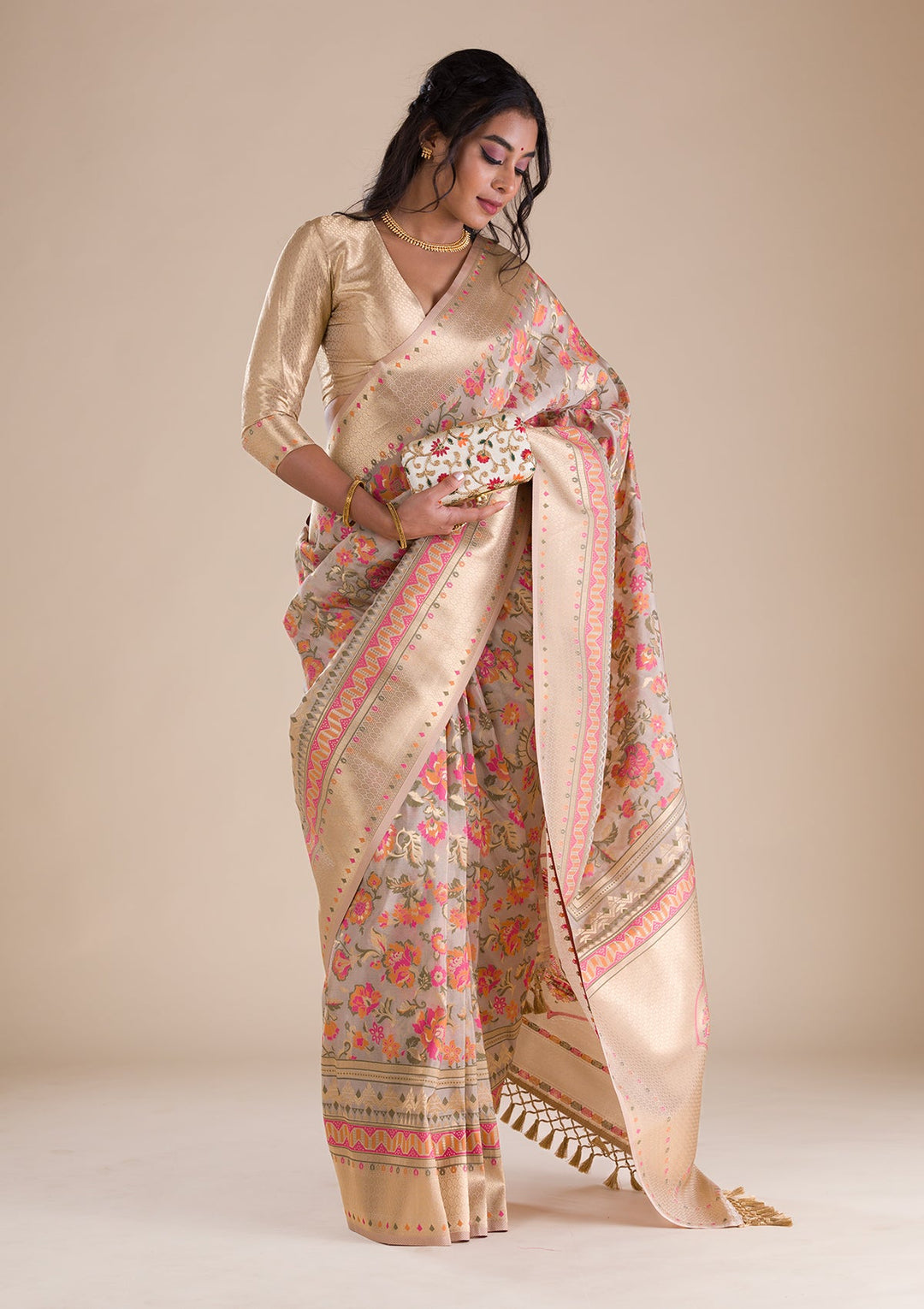 Grey Zariwork Soft Silk Saree-Koskii