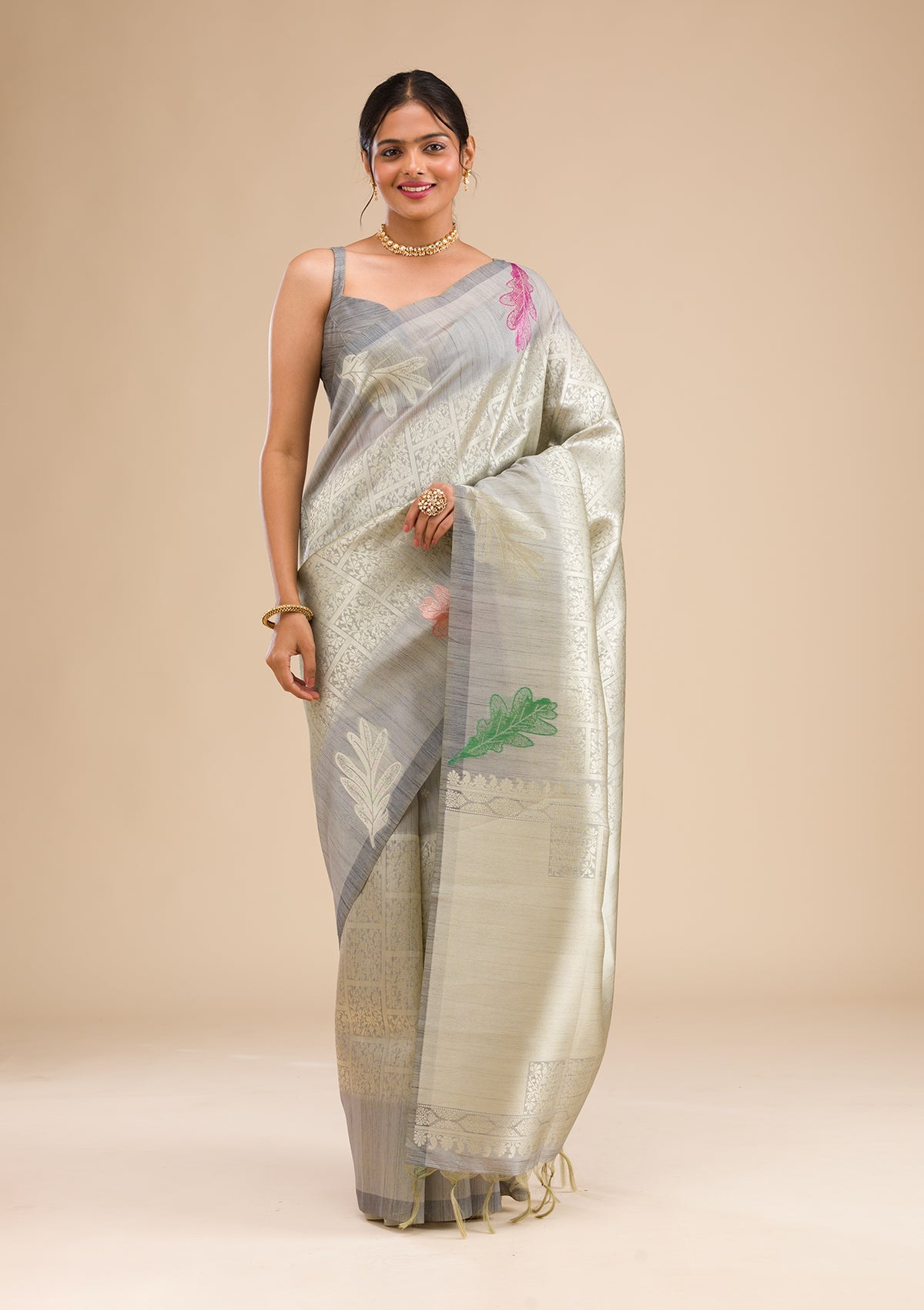 Grey Zariwork Soft Silk Saree-Koskii