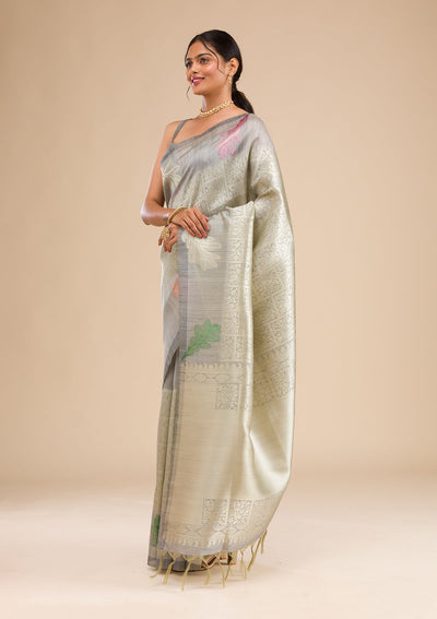 Grey Zariwork Soft Silk Saree-Koskii