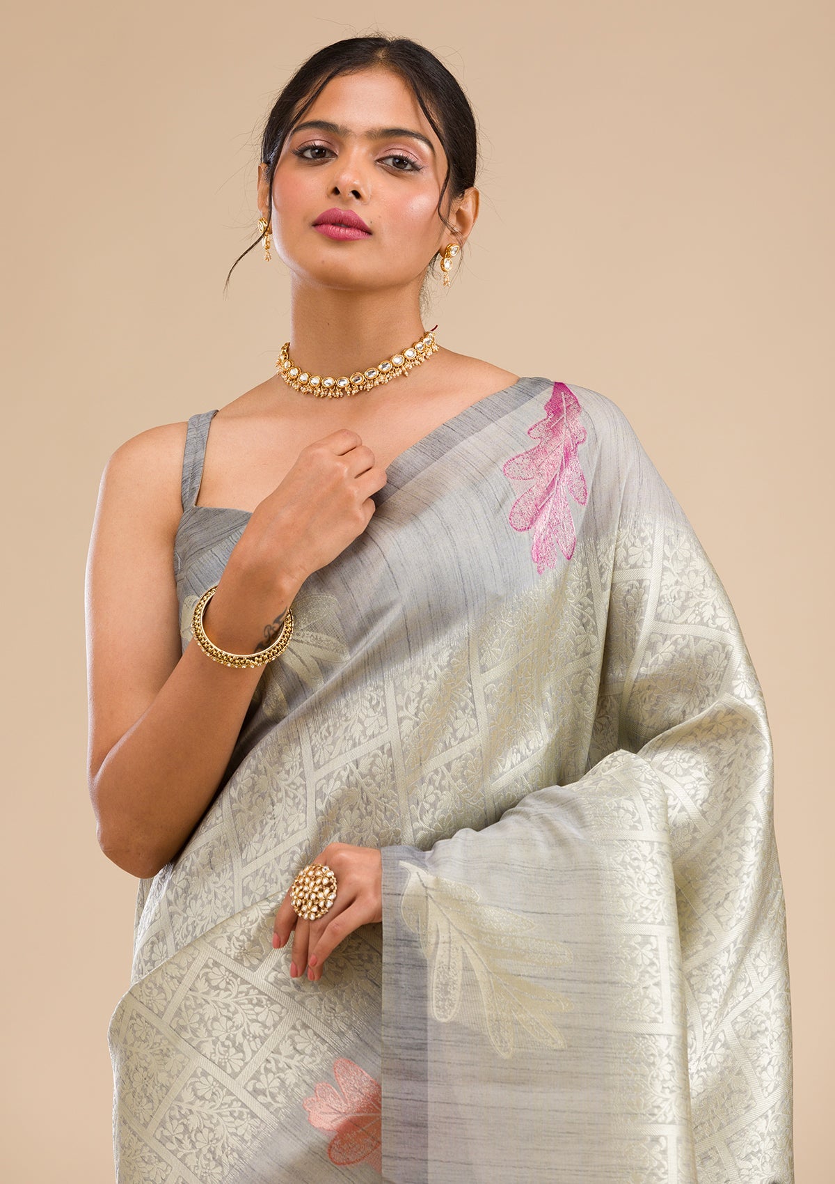 Grey Zariwork Soft Silk Saree-Koskii