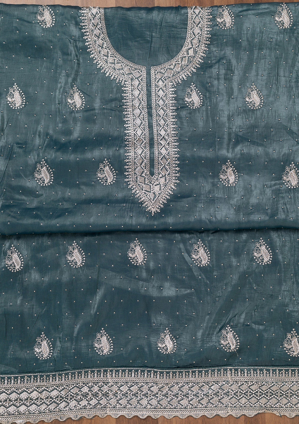 Grey Zariwork Tissue Unstitched Salwar Suit-Koskii