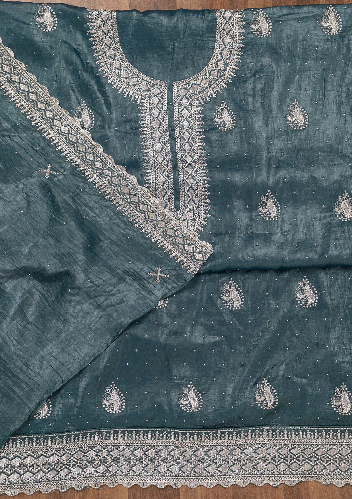 Grey Zariwork Tissue Unstitched Salwar Suit-Koskii