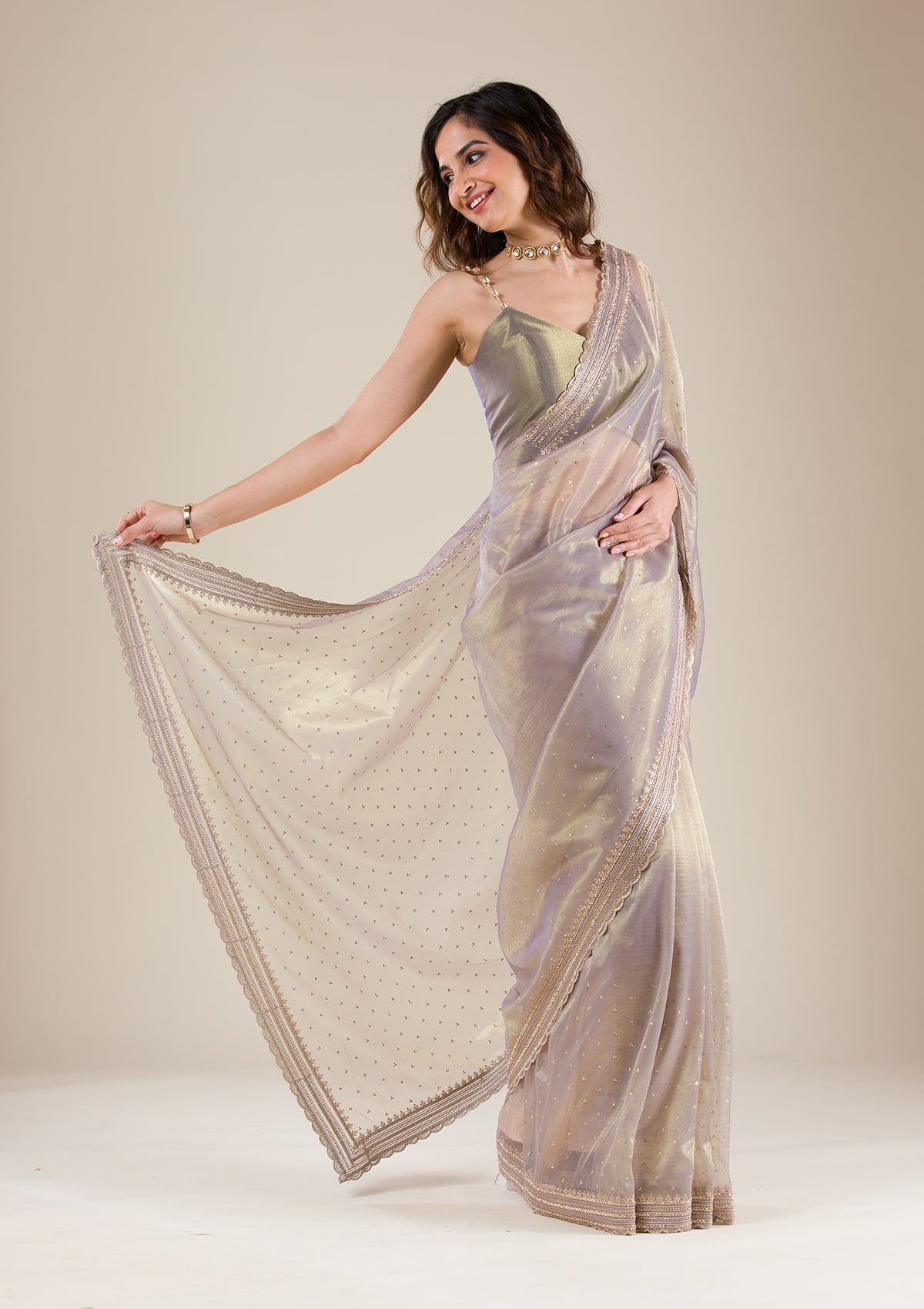 Grey Zariwork Tissue Saree-Koskii