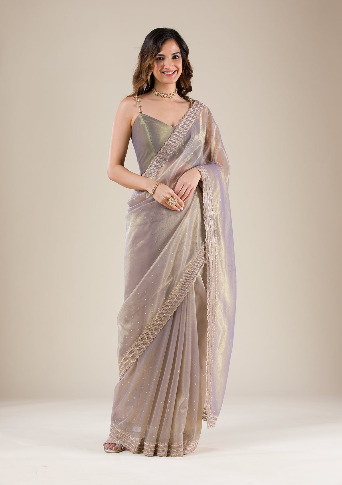 Grey Zariwork Tissue Saree-Koskii