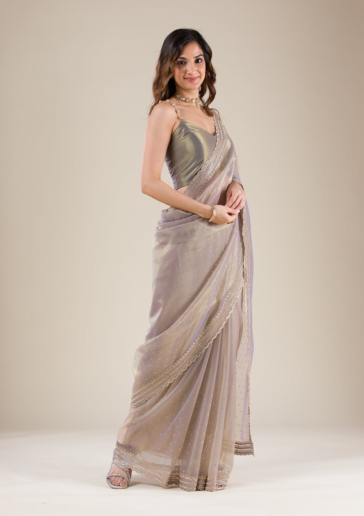 Grey Zariwork Tissue Saree-Koskii