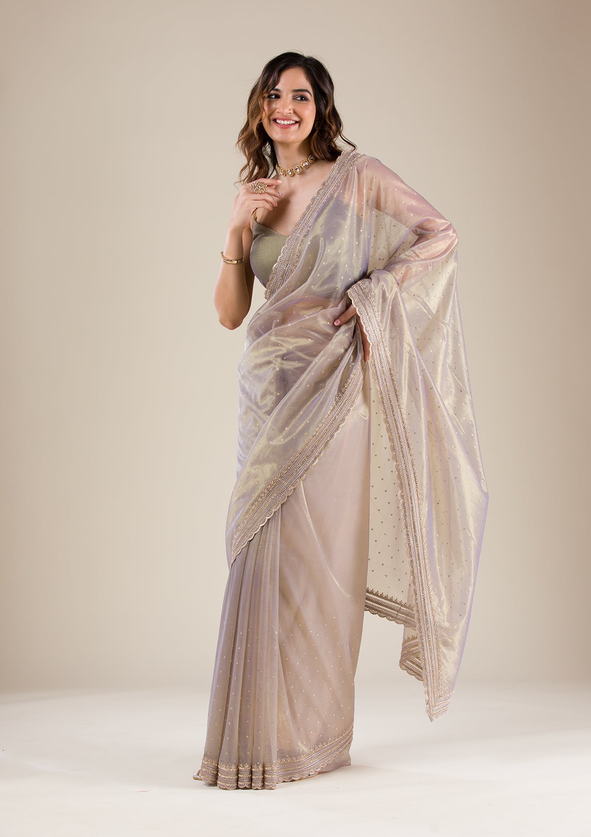 Grey Zariwork Tissue Saree-Koskii